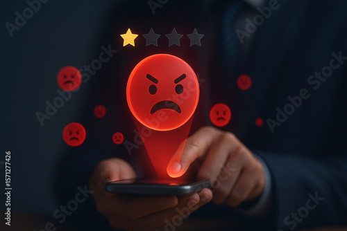 Negative feedback and bad customer experience. User giving a 1-star rating with an angry emoji on a smartphone. Concept of customer dissatisfaction and poor service review.