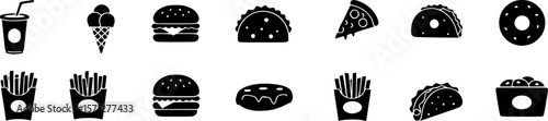 Fast food silhouette icons set – solid, filled, meal and snack symbols
