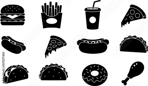 Fast food silhouette icons set – solid, filled, meal and snack symbols
