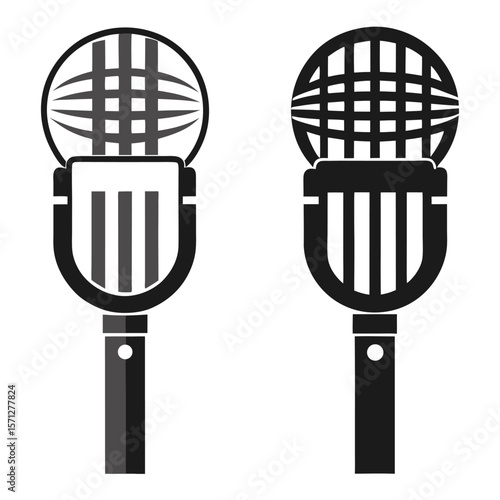 Two vintage microphones are displayed in black and gray isolated on white background.