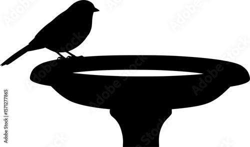 Silhouette of a Bird Resting on a Bird Bath in stark contrast
