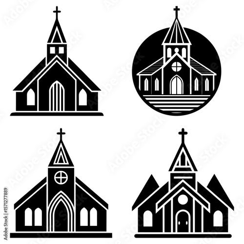 Illustration of four church buildings with crosses on top in a black and white vector style drawing style