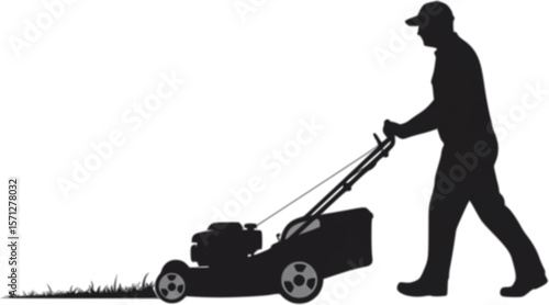 A Person Mowing Lawn with a Lawn Mower Silhouette Vector Illustration
