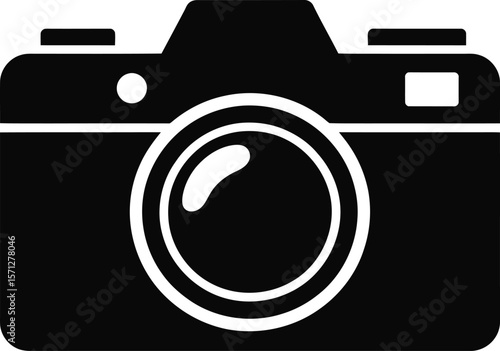 Simple Black and White Camera Icon for Photography and Imaging representing a classic single lens reflex camera in a minimalist vector graphic style