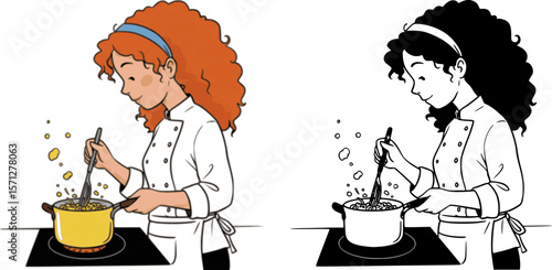 A chef boiling pasta in kitchen, doodle style illustration	
