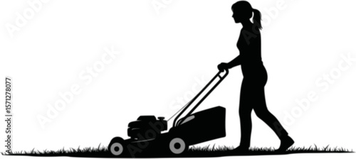 A Person Mowing Lawn with a Lawn Mower Silhouette Vector Illustration
