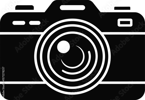 Simple Black and White Camera Icon for Photography and Imaging representing a classic single lens reflex camera in a minimalist vector graphic style