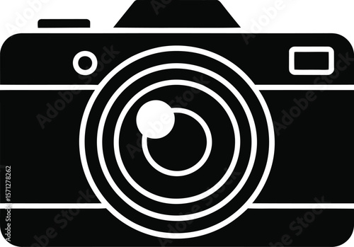 Simple Black and White Camera Icon for Photography and Imaging representing a classic single lens reflex camera in a minimalist vector graphic style