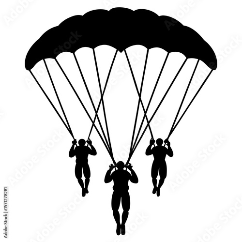 Three skydivers descending under black parachute parachutes