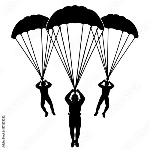 Three skydivers descending with parachutes skydiving