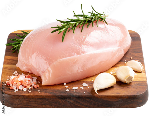  “Raw Turkey Fillet with Herbs and Garlic on Dark Wooden Chopping Board, Isolated PNG”.