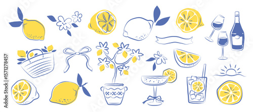 Set of lemon fruit icon in hand drawn blue and yellow doodle style. Summer vector illustration with citrus, glass, tree, bow. Lemon design for poster, menu, wedding invitation