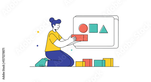 Young woman learning basic shapes and colors while arranging building blocks education and development concept