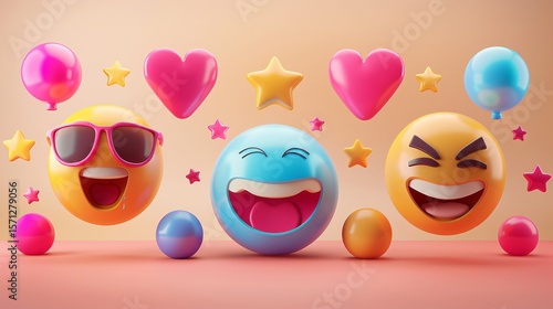 Vibrant 3D emoji faces and glossy stars, showing various emotions, set on a bright turquoise background.