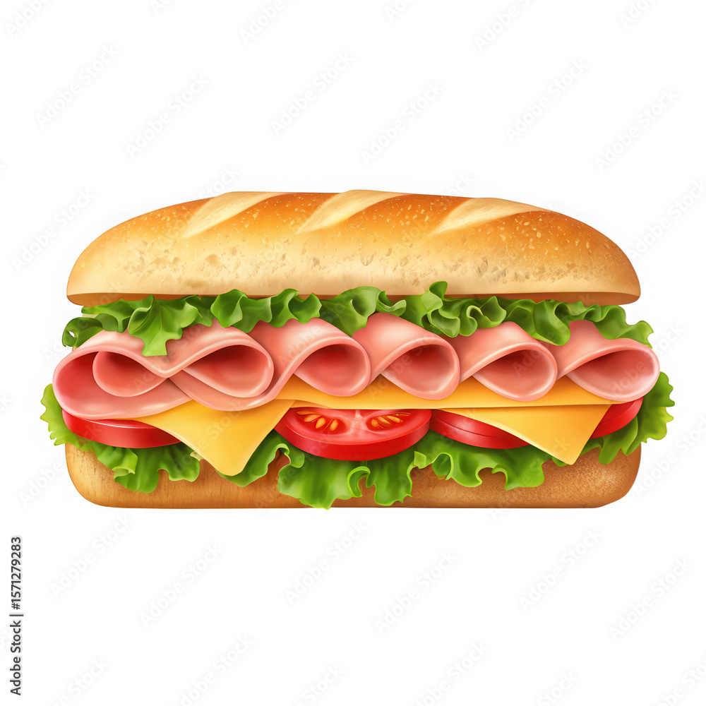 Delicious ham and cheese sub sandwich with lettuce and tomato isolated on transparent background Delicious ham and cheese sub sandwich with lettuce and tomato isolated on transparent background