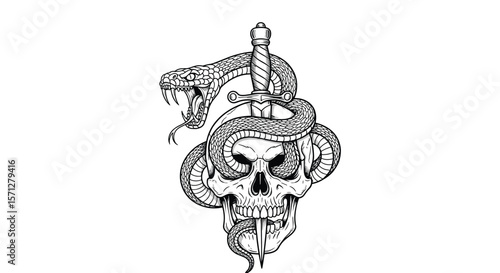 A mysterious skull wrapped in a venomous snake holding a sharp dagger