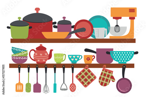 Kitchenware and ceramics collection for home - cups, plates, bowls, mixer, pots.