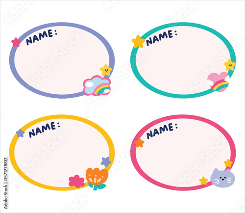 Cute colorful nametag with various doodle clipart for back to school