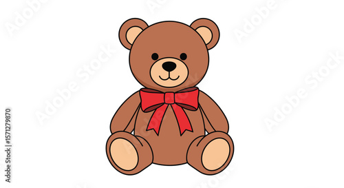 Adorable brown teddy bear with red bow sitting playful and cute
