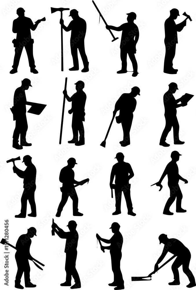 Obraz premium Construction Worker Action Silhouettes Human Labor Vector Icons