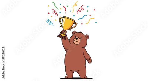A joyful bear celebrates victory raising a golden trophy amidst falling confetti