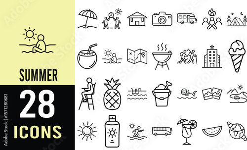 28 Summer Vacation Icons: Outline Design Set for Website or App UI