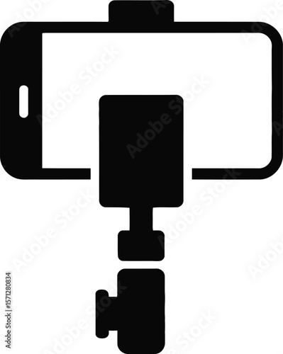 Simple Black and White Icon of a Smartphone Attached to a Gimbal Stabilizer Representing Mobile Videography and Content Creation Vector Illustration on Isolated White Background