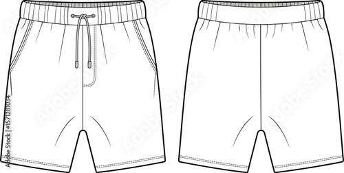 Vector technical drawing of men’s casual drawstring shorts with elastic waistband and side pockets, fashion flat sketch template