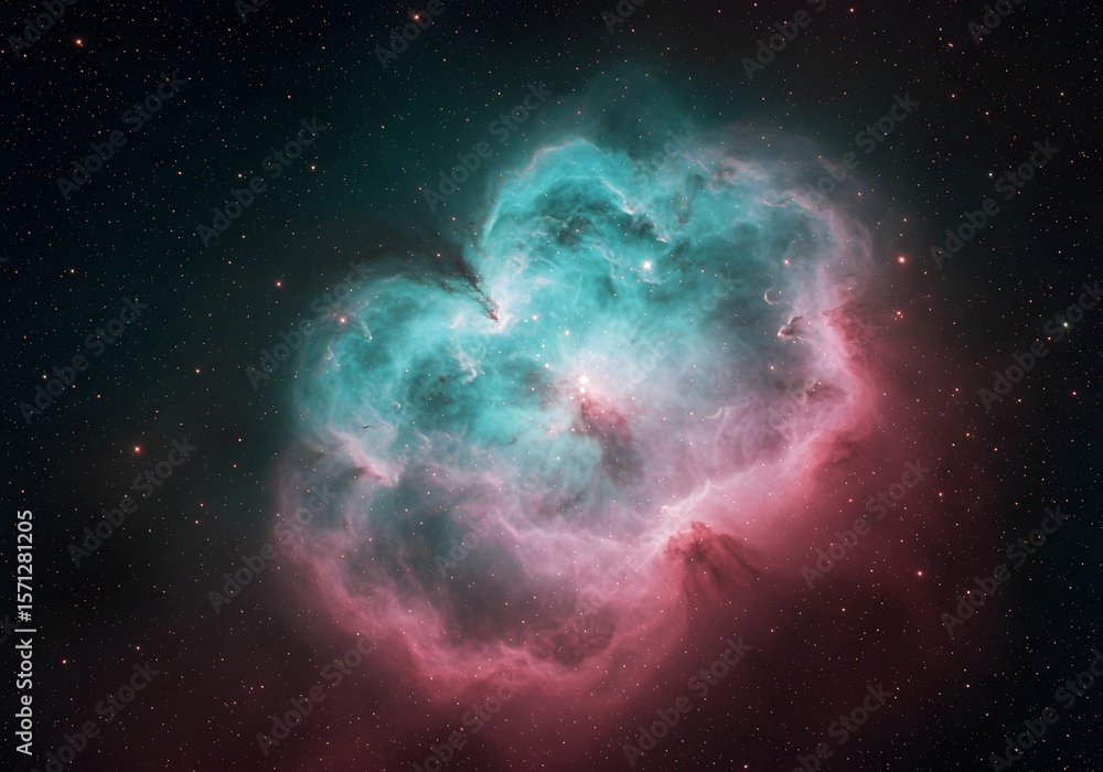 A teal and pink nebula radiates light in the infinite depths of outer space A teal and pink nebula radiates light in the infinite depths of outer space