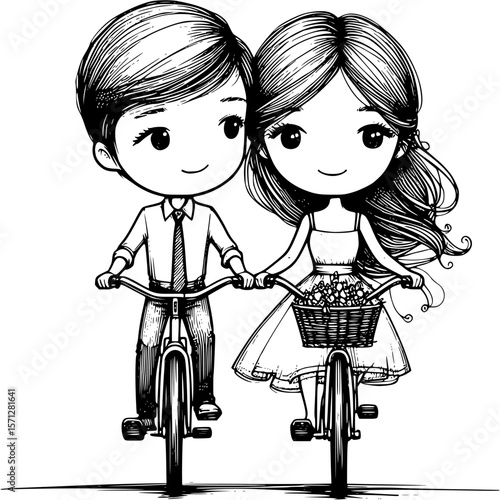 Enchanting Bicycle Ride: A heartwarming illustration depicts a charming couple, hand in hand, pedaling side by side on bicycles, evoking the simple joy of togetherness.