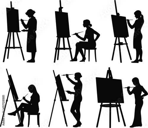 Female artist silhouette painting on easel, sitting and standing poses, creative painter clipart, black vector illustration, isolated design