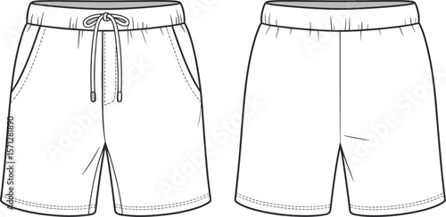 Technical flat sketch of men’s drawstring shorts front and back view, fashion template vector, casual summer wear illustration