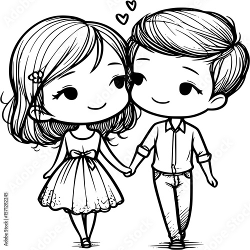 Endearing Bond: An outline illustration of a happy couple, holding hands, embodying the tender essence of love and affection, with subtle hearts floating above them.