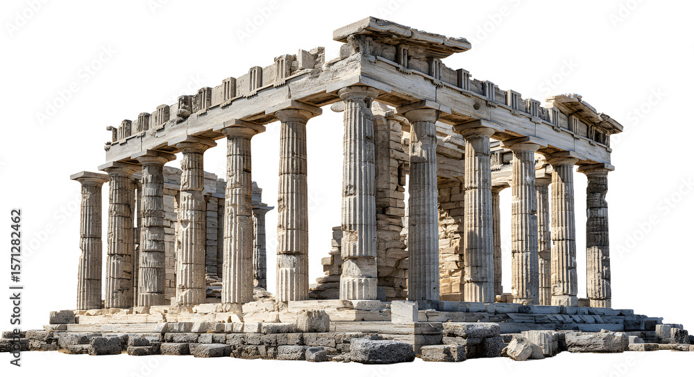 Fototapeta premium Majestic ancient Greek temple ruins with imposing columns and a crumbling pediment, on a transparent background