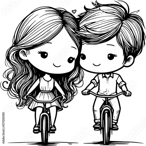 Cycling Sweethearts: Adorable cartoon couple enjoys a shared bicycle ride, showcasing a simple yet sweet depiction of love, joy, and togetherness in this heartwarming illustration. 