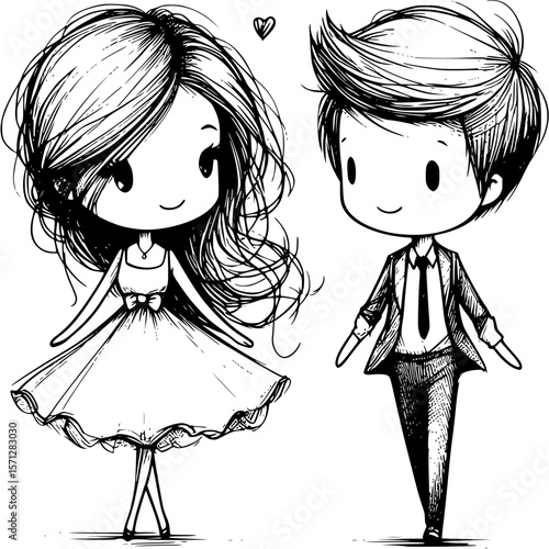 Charming Couple Illustration: A whimsical illustration portrays a stylized boy and girl, their endearing features and playful poses evoking a sense of youthful innocence and tender affection.