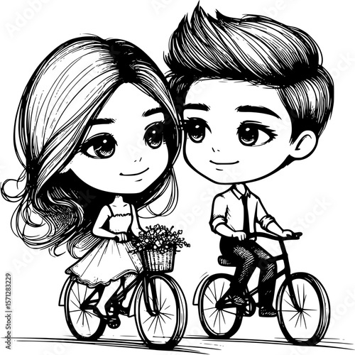 Whimsical Bicycle Ride: A romantic couple, rendered in delicate line art, enjoys a charming bicycle ride together, expressing the purity of their loving journey.