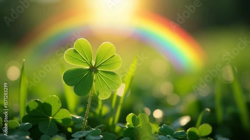 Depicting a four leaf clover in lush green grass under rainbow. Four leaf clover embodies luck and fortune, symbolizing prosperity and serendipity in nature.