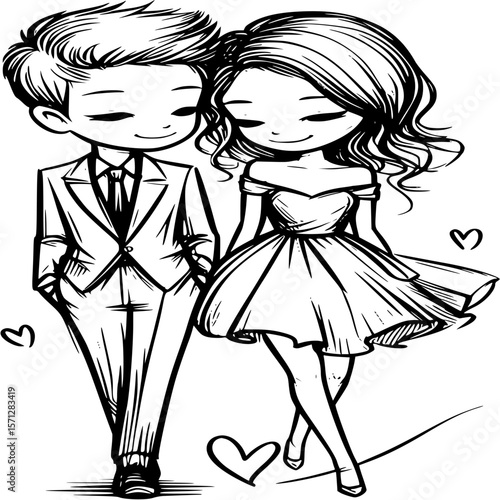 Eternal Bond: A sweet couple, captured in a black and white illustration, share a tender moment. Their hands are clasped as they stroll along a path, hearts floating around them.