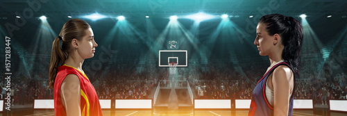 Bilde på lerret Two women stare down each other on a brightly lit 3D basketball court with fans in the background