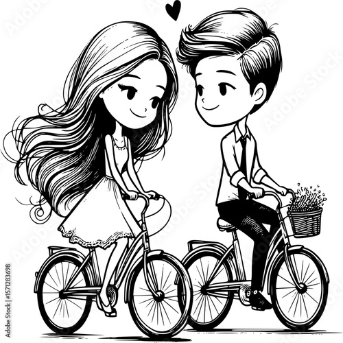 Couple Bike Ride : An adorable depiction of a boy and girl riding bikes together, with the heart that showing love. Capturing the joy and lightheartedness of their bond and companionship.