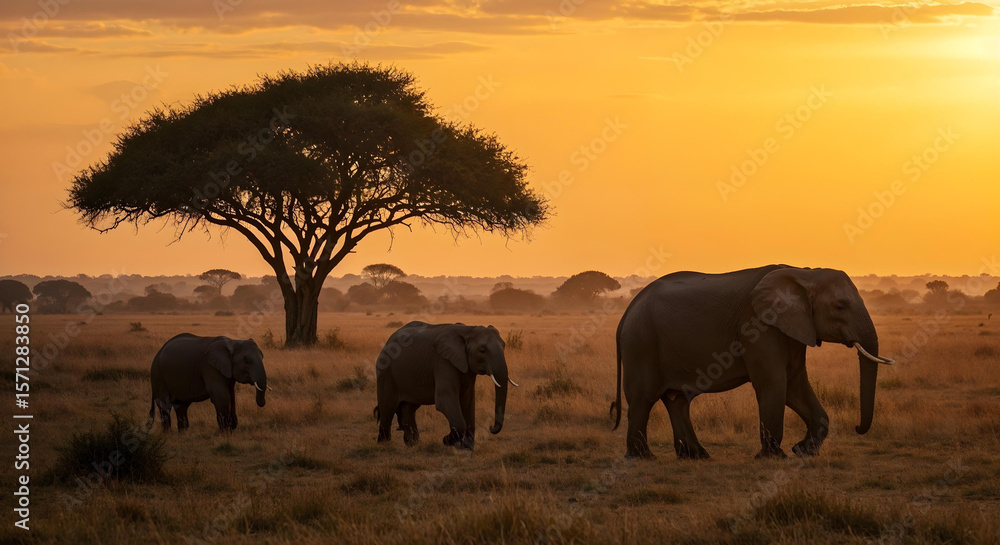 Fototapeta premium Three elephants at sunset in African savannah with large tree 