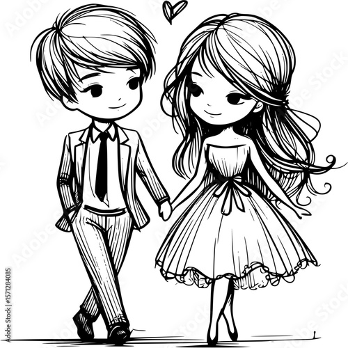 Everlasting Bond: A hand-drawn sketch depicts a charming couple, exuding warmth and love as they stroll together with a shared bond, symbolized by a delicate heart above.