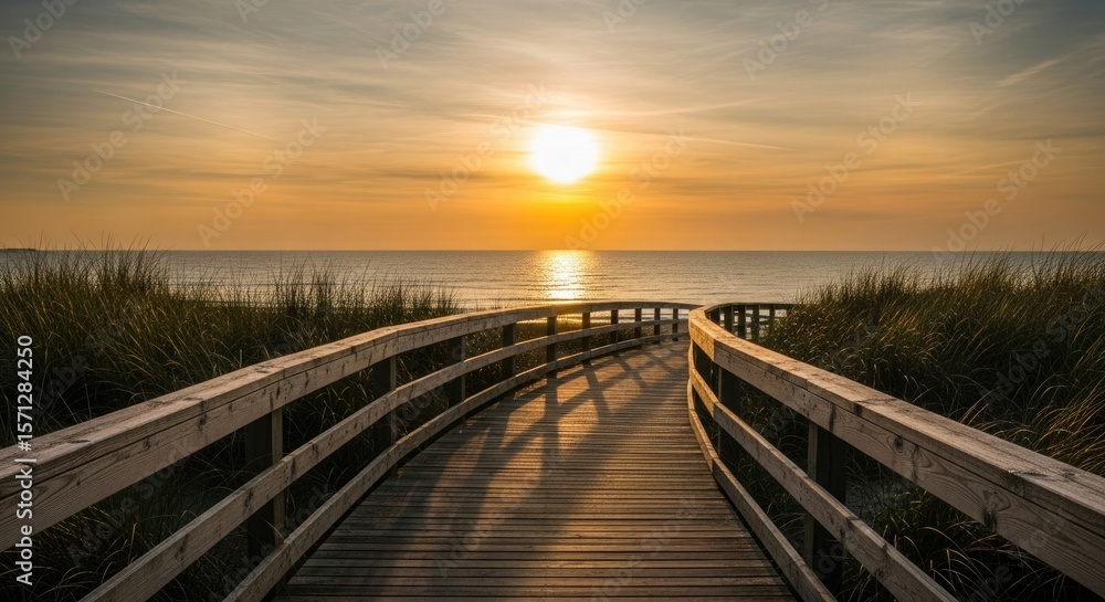 Fototapeta premium Wooden walkway leading to ocean at sunset boardwalk