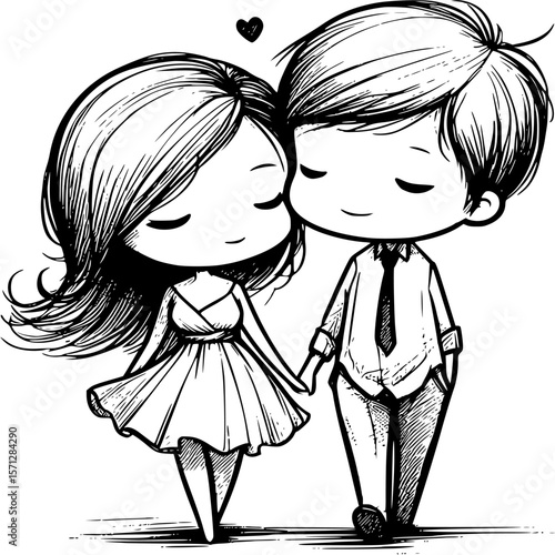 Artistic Embrace: A charming cartoon couple, hand in hand, exuding a serene bond under a gentle heart, portraying an everlasting love story.