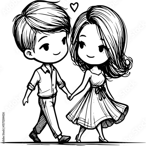 Romantic Stroll: A sweet illustration portrays a couple walking hand-in-hand, their hearts intertwined, against the backdrop of their mutual affection.