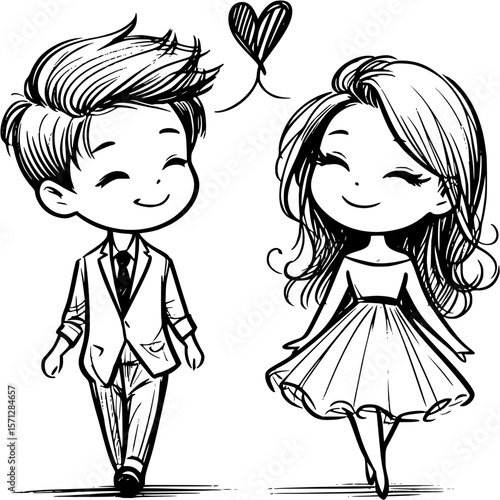 Love's Gentle Path: A black and white drawing portrays two adorable figures, a boy and a girl, walking in harmony, their hearts intertwined with a charming line art heart symbol. 