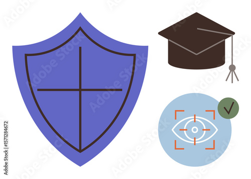Shield with cross lines, graduate cap, and eye recognition with checkmark. Ideal for cybersecurity, education security, identity verification, data protection, online safety, trustworthy systems