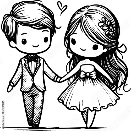 Eternal Bond in Harmony: A tender illustration captures a moment of unity, where a radiant pair, the bride and groom, share a gentle handhold, embracing an emotion.