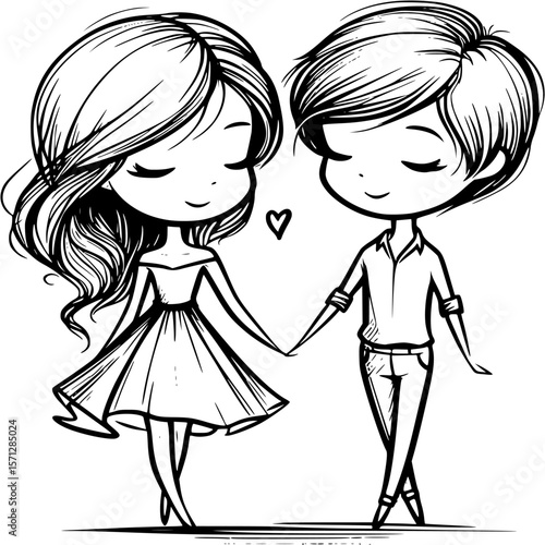 Eternal Bond: An illustrative monochrome image of a couple, hand in hand, embodying the essence of affection. Simple lines depict love. 